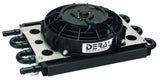 Derale 6 Pass Econo-Cool Remote Fluid Cooler with Tornado Fan, featuring high-efficiency copper/aluminium tube and fin design, 1/2" hose barb inlets, and 400 CFM reversible fan for optimal cooling of car and SUV transmission fluids.