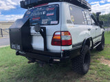 105 Series Rear Bar with LED Taillights and Wheel Carrier in Satin Black Finish, featuring aluminium accessories and customisable options for adventure needs
