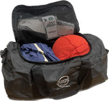 Kinselas Kustoms water-resistant gear bag with heavy-duty zippers and custom emblem option, featuring durable material, mesh pocket, waterproof pouches with drain holes, and repositioned logo on top flap. Ideal for travel and outdoor adventures.